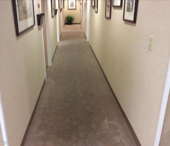 empty hallway with water marks on carpet 