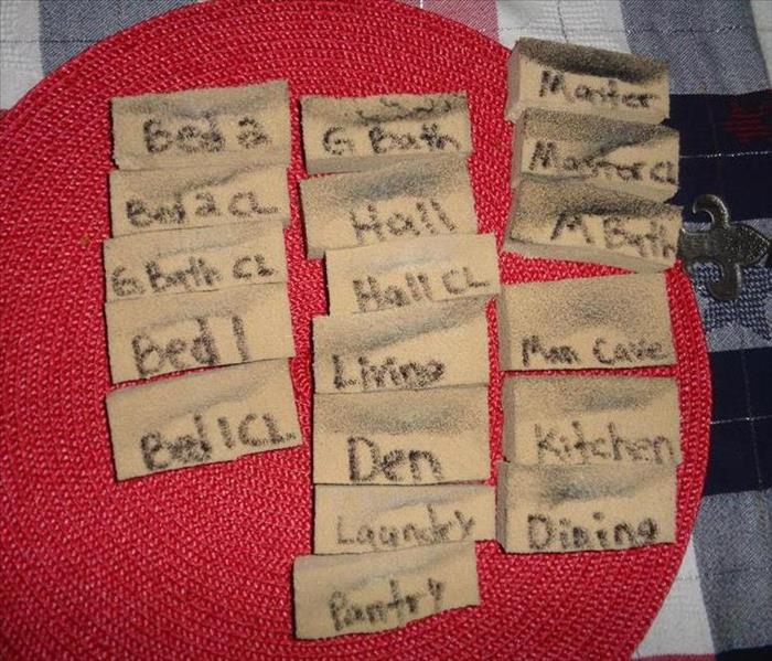 tan sponges labeled by room names covered with soot on top of red circle placemat