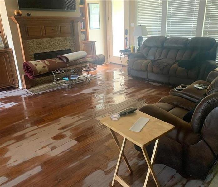 water on wood flooring in living room with brown couches 
